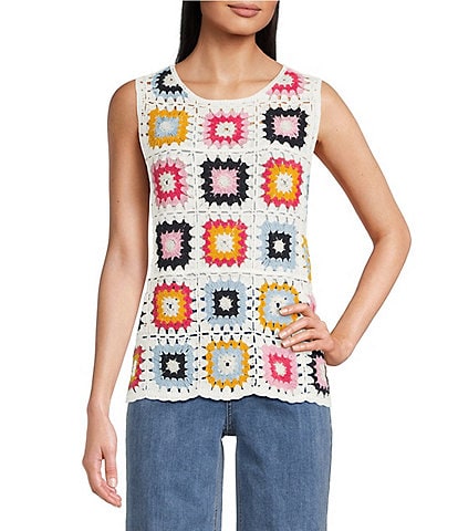 Charlie B. Crochet Knit Geometric Crew Neck Sleeveless Top