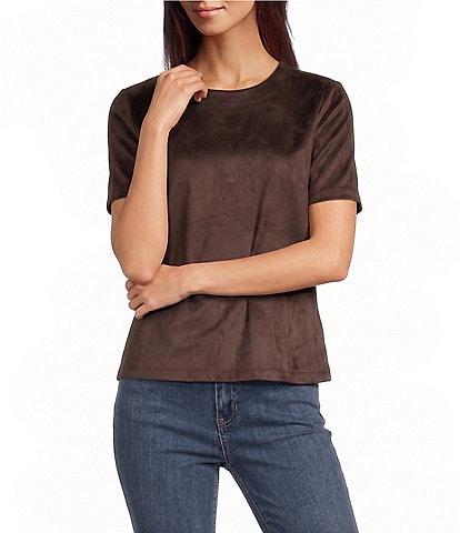 Charlie B. Faux Suede Crew Neck Short Sleeve Top