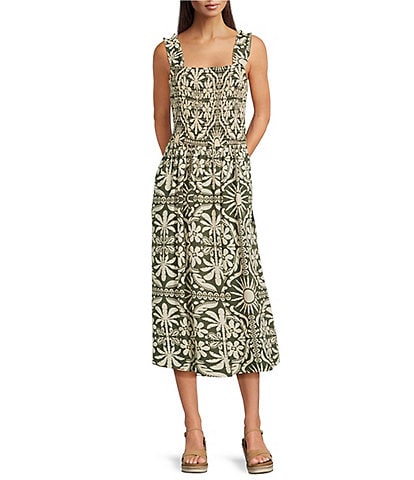 Charlie B. Floral Print Square Neck Shirring Sleeveless Midi A-Line Dress