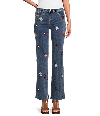 Charlie B.  Stretch Denim Flower Patch Wide Leg Jeans