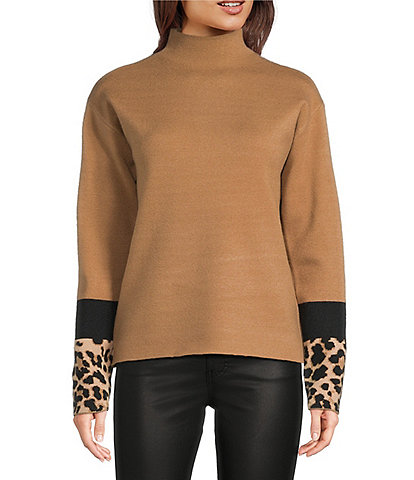 Charlie B. Knit Color Block Mock Neck Animal Print Long Sleeve Top