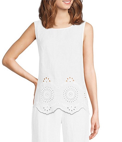 Charlie B. Linen Eyelet Embroidered Crew Neck Sleeveless Coordinating Top