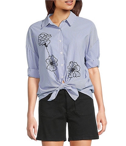 Charlie B. Woven Striped Floral Point Collar 3/4 Sleeve Blouse