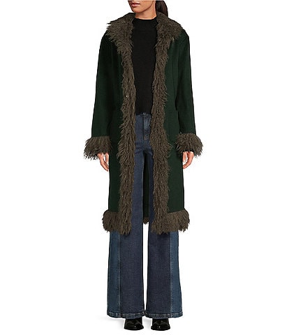 Chelsea & Violet Beatrix Wool Blend Faux Fur Trim Shawl Collar Long Sleeve Tie Front Long Topcoat