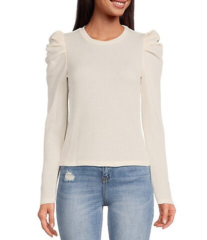 Chelsea & Violet Crew Neck Long Puff Sleeve Waffle Knit Top