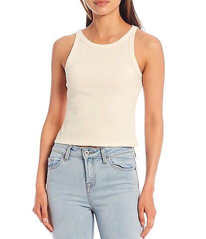 Chelsea & Violet Cropped Racer Crew Neck Sleeveless Ribbed Knit Top