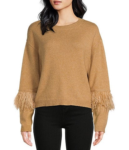 Chelsea & Violet Long Sleeve Crew Neck Ostrich Feather Sweater