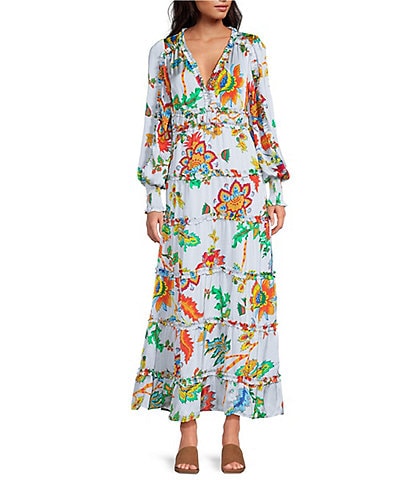 Chelsea & Violet Margaux Floral Print Long Sleeve Deep V-Neckline Plisse Dress
