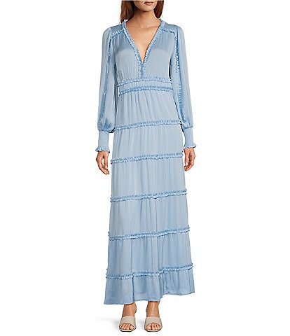 Chelsea & Violet Margaux Plisse Crinkle V-Neck Long Sleeve A-Line Dress