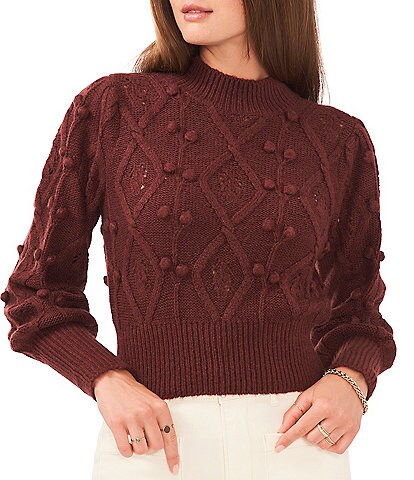 Chelsea & Violet Mock Neck Long Balloon Sleeve Pom Pom Cable Knit Sweater