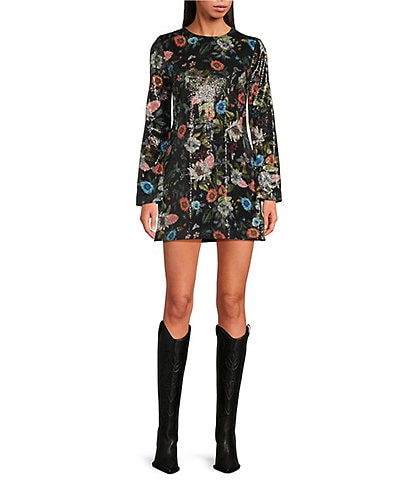 Chelsea & Violet Odette Floral Sequin Crew Neck Long Bell Sleeve A-Line Mini Dress