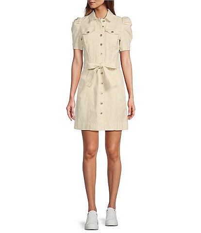 Chelsea & Violet Short Puff Sleeve Button Front Washed Canvas Belted Mini Dress
