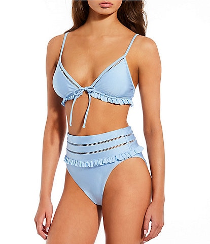Chelsea & Violet Solid Shiny Jersey Knit Ruffle Triangle Bralette Swim Top & High Waisted Swim Bottom