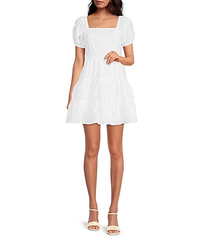 Chelsea & Violet Square Neck Short Puff Sleeve Linen Tie Back Detail Ruffle Tiered Mini Dress