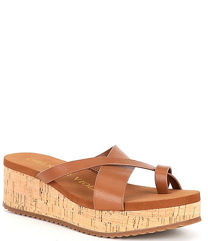 Chelsea & Violet Stella Three-Band Leather Wedge Sandals