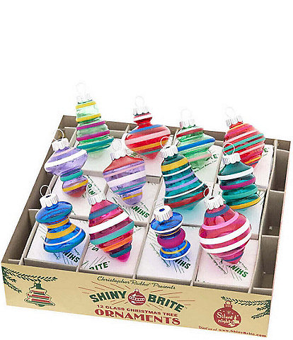 Christopher Radko Shiny Brite Vivid Vintage Striped Multi Shape Glass Ornaments, Set of 12