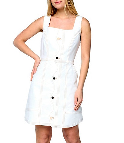 CIEBON Alanni Square Neck Sleeveless Button Front Scallop Trim Dress
