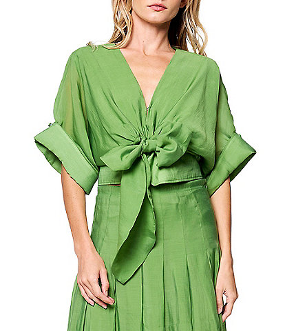 CIEBON Clarisa Solid V-Neck Roll-Tab Sleeve Tie Front Coordinating Crop Top
