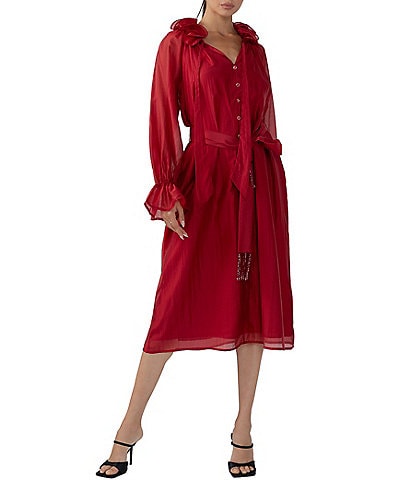 CIEBON Fabien Flutter Split V-Neck Long Sleeve Midi Dress