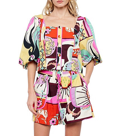 CIEBON Kaitlin Printed Poplin Square Neck Short Puff Sleeve Coordinating Cropped Top