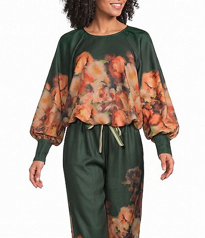 CIEBON Peyton Floral Print Round Neck Long Sleeve Bubble Hem Coordinating Top