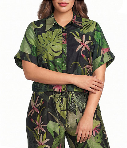 CIEBON Plus Size Aurelia Tropical Printed Collared Short Sleeve Button Down Coordinating Voile Top