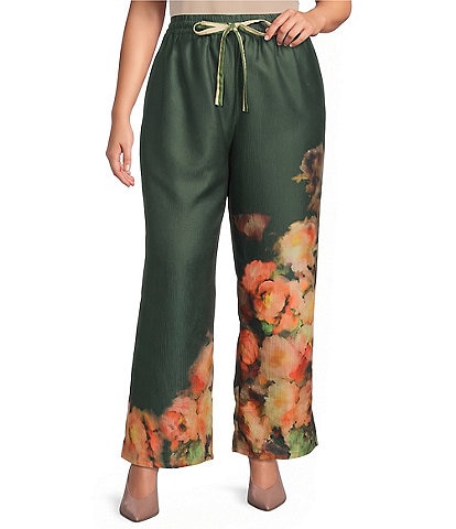 CIEBON Plus Size Azra Floral Printed Wide Leg Pull-On Coordinating Pants