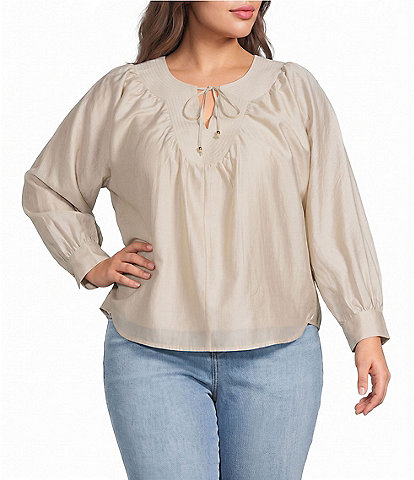 CIEBON Plus Size Cindy Topstitched Split V-Neck Long Sleeve Batwing Blouse