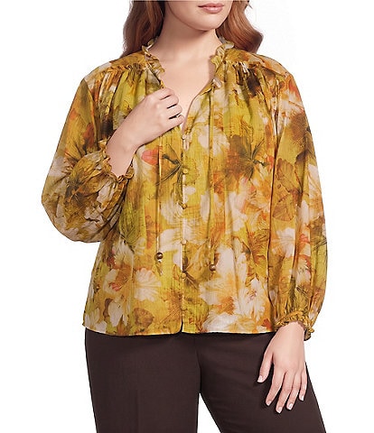 CIEBON Plus Size Teddy Floral Printed Ruffle Collared V-Neck Long Sleeve Button Down Top