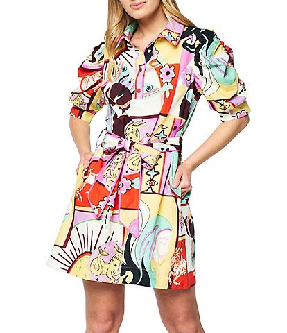 CIEBON Scarlette Printed Poplin Point Collar Puff Sleeve Button Front Shirt Dress