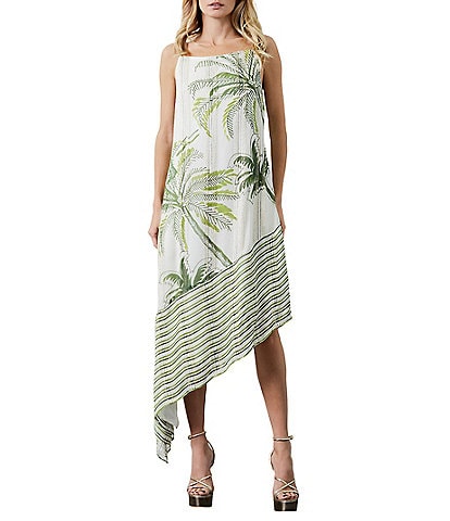 CIEBON Tamara Tropical Palm Tree Print Metallic Square Neck Asymmetrical Hem Dress