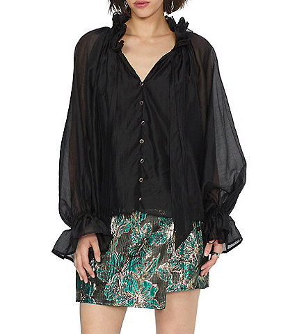 CIEBON Ziva Flutter Split V-Neck Long Sleeve Blouse Top