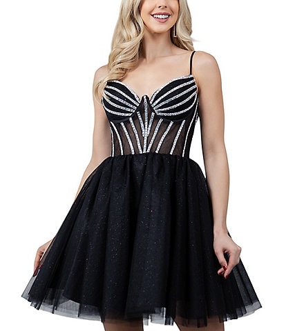 Cinderella Couture Beaded Sheer Corset Fit-And-Flare Dress