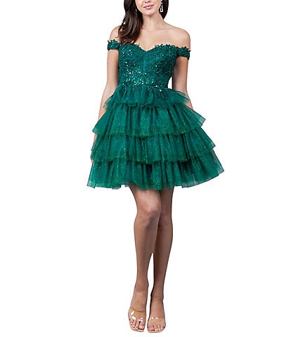 Cinderella Couture Off-The-Shoulder Beaded Sequin Tiered Ruffle Lace Up Back Fit-And-Flare Dress
