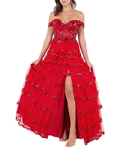 Cinderella Couture Off-The-Shoulder Sequin Beaded Bodice Tiered Tulle Ruffled A-Line Gown