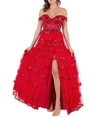 Cinderella Couture Off-The-Shoulder Sequin Beaded Bodice Tiered Tulle Ruffled A-Line Gown