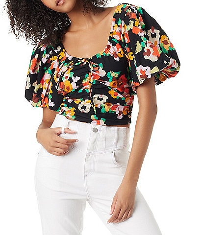 Circus NY by Sam Edelman Baeley Floral Print Short Puff Sleeve Smocked Back Crop Top