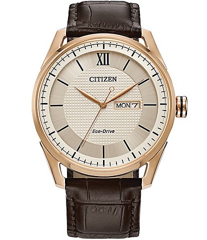 Citizen Men's Classic Three Hand Brown Leather Strap Rose Gold Watch