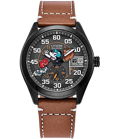 Citizen Men's Disney Collection Batter's Up Mickey Two Hand Brown Leather Strap Watch