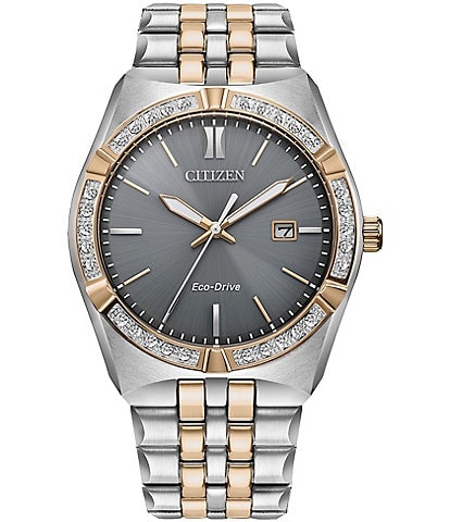 Citizen Men's Eco Drive Three Hand Two Tone Crystal Stainless Steel Bracelet Watch