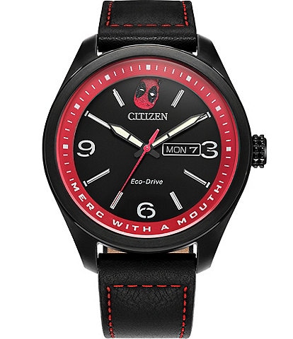 Citizen Men's Marvel Deadpool™ Multifunction Black Leather Strap Watch