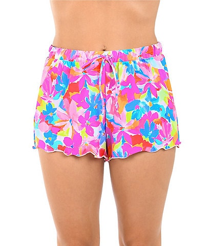Citrus Color Me Floral Elastic Waist Merrow Edge Pull-On Swim Cover-Up Shorts