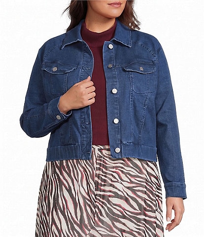 City Blues Plus Size Denim Point Collar Long Sleeve Button Front Bomber Jacket