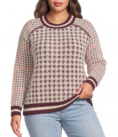City Blues Plus Size Houndstooth Mock Neck Long Raglan Sleeve Sweater