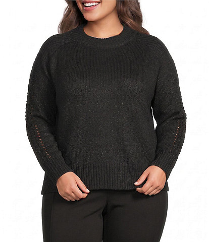 City Blues Plus Size Shimmer Mock Neck Long Crochet Sleeve Sweater