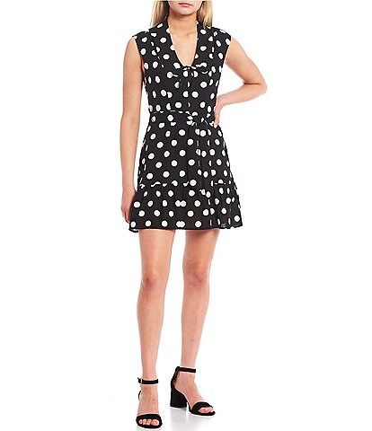 City Vibe Cap Sleeve Large Dot Linen-Blend Fit-And-Flare Dress
