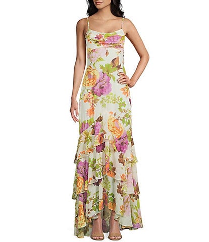 City Vibe Chiffon Floral Print Drape Neck Drop Waist Ruffle Tiered Maxi Dress