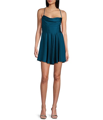 City Vibe Cowl Neck Criss Cross Back Pleated Dress