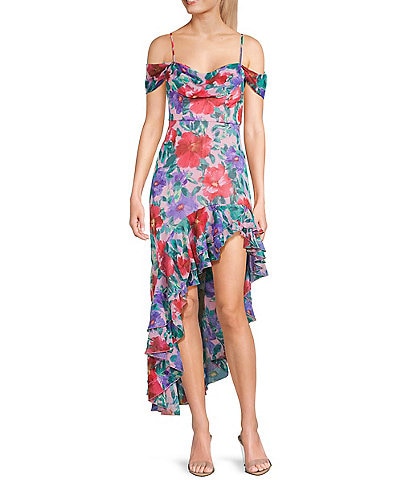 City Vibe Floral Print Drape Off The Shoulder Neck Ruffled Asymmetrical Hem Midi Dress