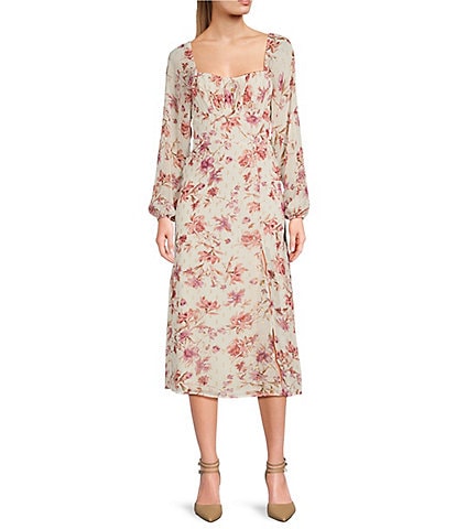 City Vibe Floral Print Tie Front Long Sleeve Midi Dress